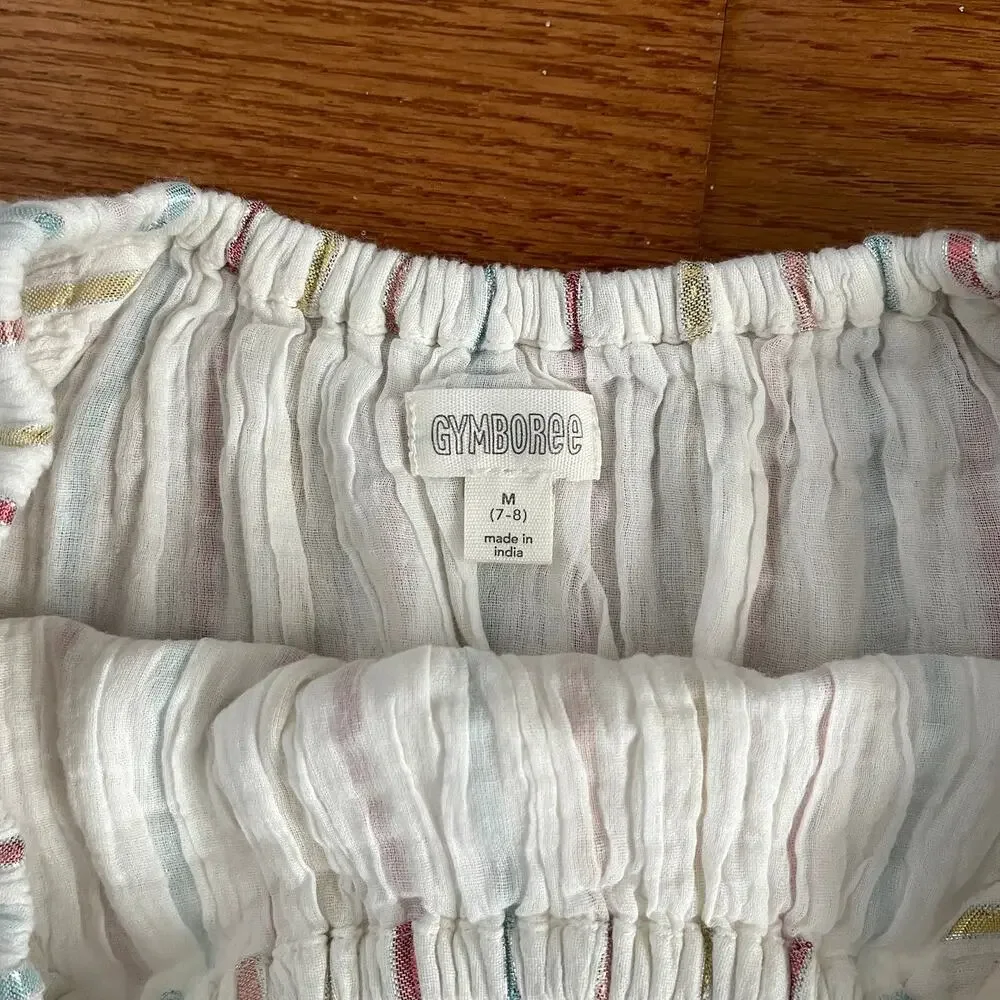 Gymboree Girls 7-8 Summer Dress White Gauze Rainbow Metallic Striped Casual